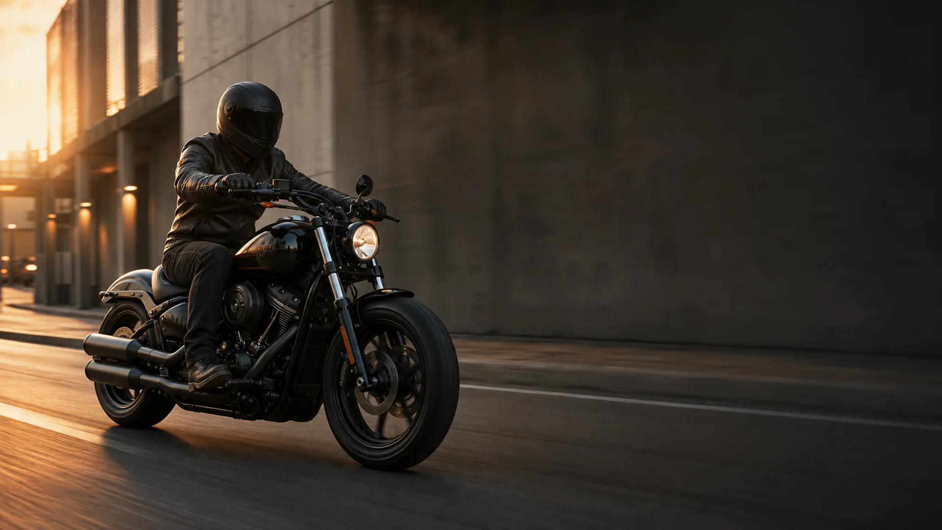 Şehir yolunda siyah V-Twin motosiklet kullanan sürücü